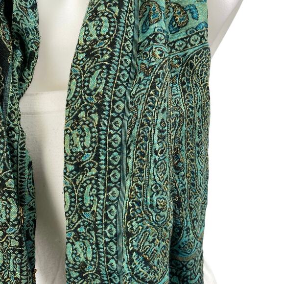 Original Cashmere 100% Cashmere Green Paisley Fringe Knit Shawl Wrap Scarf OS - Picture 2 of 3